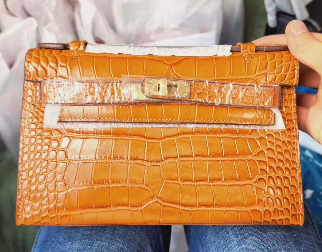 Alligator/ Ostrich effect Leather bag